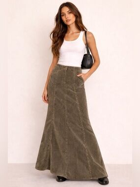 Y2K Mermaid Micro Corduroy Maxi Skirt Studded Rare Find Olive Khaki Sz 13/14
